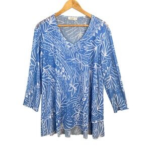 Jess & Jane Tunic Top Womens XL Mesh Tropical Floral Stretch Lagenlook Artsy